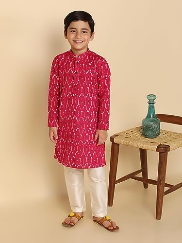 Image of KISAH Kid's Full Sleeves Cotton Blend Knee Length Printed Hot Pink Kurta Pyjama Set (3-4Y)