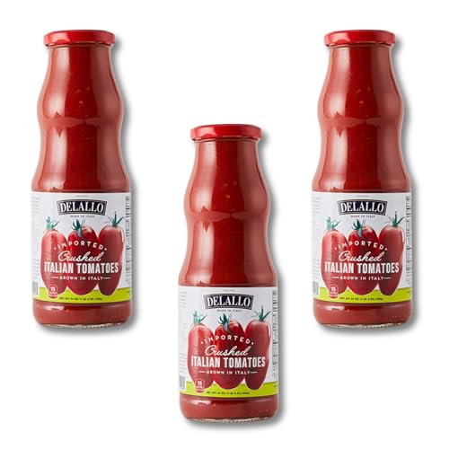 DeLallo Italian Crushed Tomatoes, Made in Italy, Rich Vibrant Flavor, Tender Meaty Texture, All Natural, No Added Salt, Gluten-Free, Vegan, Non-GMO, Kosher, 24 oz Jar, (3 Pack)