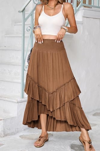 Women 2025 Summer Casual Elastic Waist Dress Backless Strapless Tiered Ruffle A Line Flowy Swing Beach Dress3
