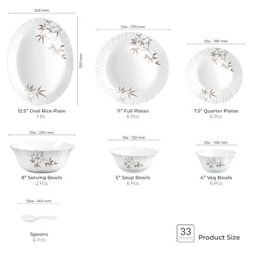 Image of Treo by Milton Opalware Aurelia Arashi Dinner Set of 33 | Serving for 6 | Microwave & Dishwasher Safe | Bone-Ash Free | Tempered Toughness | Plates, Bowls, Spoons | Crockery Set for Dining & Gifting