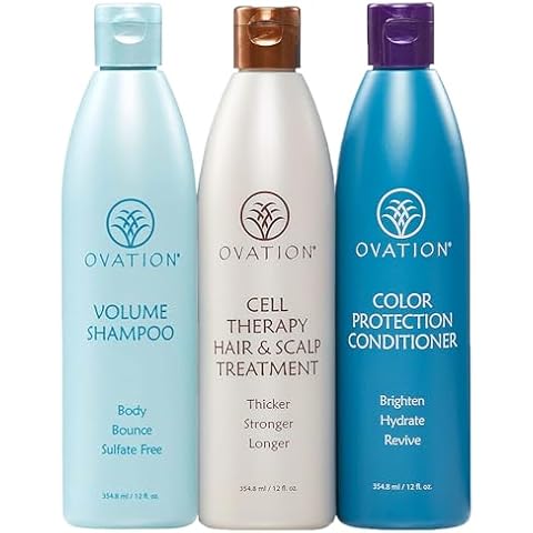 Ovation Hair 3-Step Bundle - Volume Shampoo, Cell Therapy for Growth & Healthy Scalp, Color Conditioner for Fine, Dyed or Bleached Hair Cover