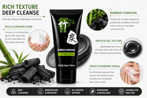 Image of Bamboo Charcoal Face Wash for Men & Women | Deep Cleansing Facial Cleanser | Helps Remove Dirt Oil & Impurities | Refreshing Face Cleanser for Oily & Combination Skin | Daily Use | 50g