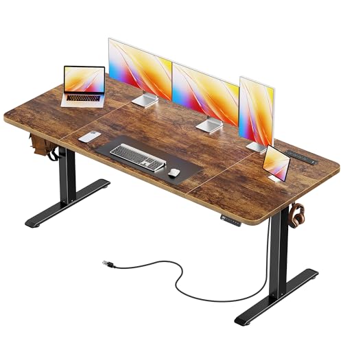 Image of Huuger 63 X 24 Inch Electric Standing Desk with Power Outlets and USB-C Port, Height Adjustable Desk, Sit Stand Desk for Home Office, Computer & Gaming Desk with 4 Presets, Rustic Brown