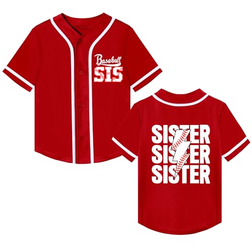 Girls Baseball Sister Jerseys Toddler Baseball Sisters Shirt Birthday Funny Cute V-Neck Button Short Sleeves Sport Tee Red 10T