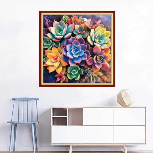 Image of Joyhoor Cross Stitch Kits for Beginners Stamped Cross-Stitch Supplies Needlework preprint Embroidery Kits for Adults DIY Needlepoint Kits Embroidery Patterns 11CT-Colorful succulent plants 18x18 inchs