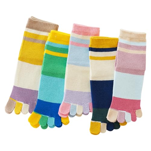 SH-RuiDu Toe Socks, 5 Pair Cotton Five Toe Socks Colorful Stripped Mid Calf Running Toe Socks for Boys Girls