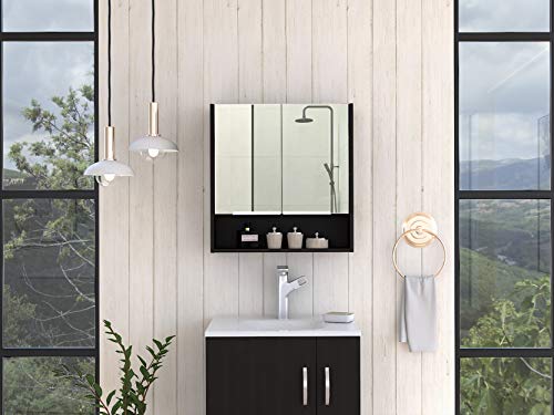 Jaspe Black Rectangular Mirror Cabinet with 3 Shelves & Open Shelf - Bathroom Storage Organizer