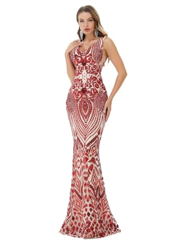 Image of Women's Wedding Bridesmaid Gown Sequined Mermaid V Neck Sleeveless Evening Dress