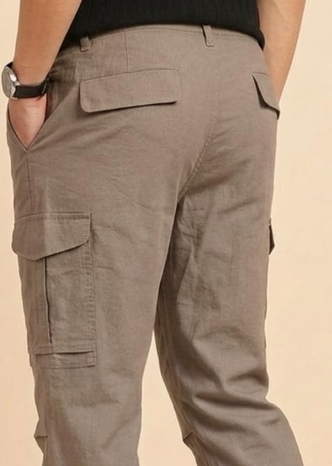 Image of Vogaan Men Cotton Linen Blend Cargo Pants | Mid Rise Regular Fit Casual Trousers | Multi Pocket Utility Bottom Wear | Comfortable Breathable Fabric Travel Outdoor Styling