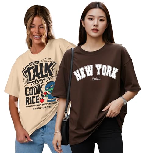 Image of LEOTUDE Womens Oversized Round Neck Cottonblend Half Sleeve T-Shirts (Colour: Multicolor)