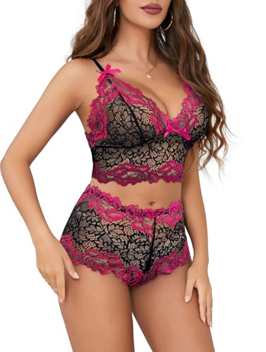 Image of Lilosy Sexy Lingerie for Women Lace Pajamas Set Cami Bra and Panty High Waist Sheer Sleepwear 2 Piece 2XS-6XL