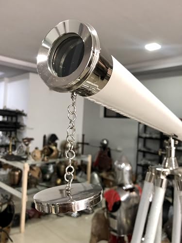 Telescopio decorativo de pie cromado con tripode de cuero blanco 60" miniatura 3