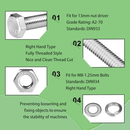 Image of M8 x 20mm Hex Head Screws Bolts, Nuts, Flat & Lock Washers Kits | 12 Sets Stainless Steel 304 M8-1.25 Hex Bolt Fully Threaded Hex Tap Metric Hexagon Head Screw Right Hand External Hex Drive