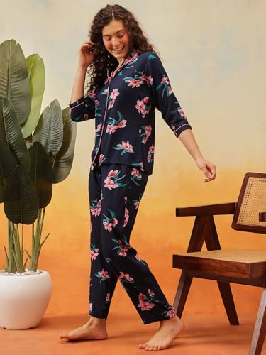 Image of Clovia Women's Cotton Printed Button Down Shirt & Pyjama Night Suit Set