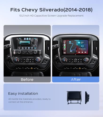10.2'' Car Radio Stereo for Chevy Silverado 2014 2015 2016 2017 2018 GMC Sierra Replacement Upgrade 5G WiFi 2+64G Wireless Carplay/Android Auto/GPS/Bluetooth/FM Radio/1080P SWC