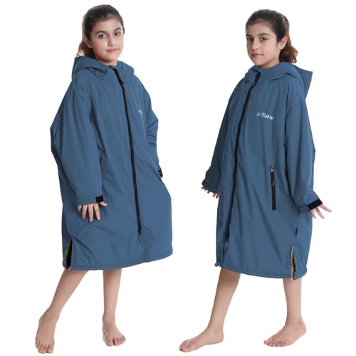 Image of Hiturbo Warm Kids Swim Parka: Waterproof Changing Robe - Oversize Swimming Coat - Hooded Surf Poncho - Thick Lining (7-14Y)