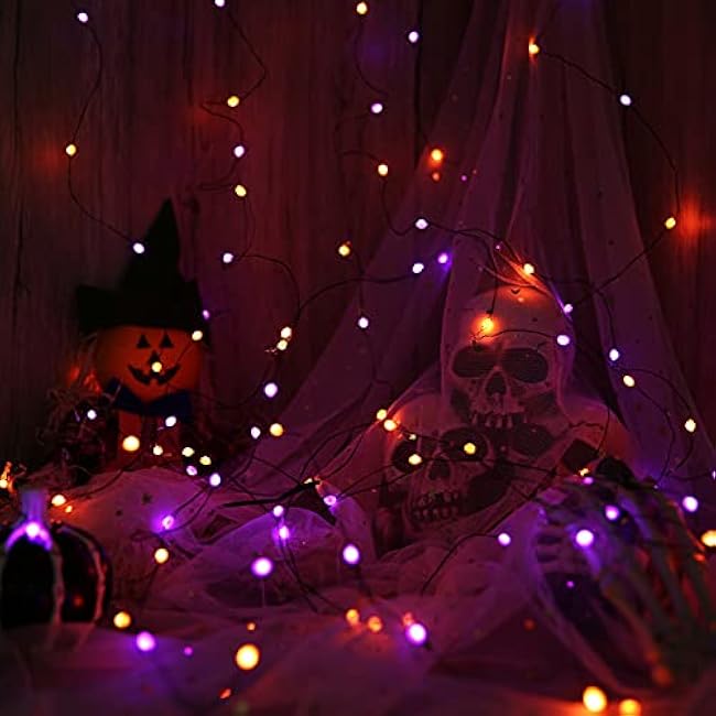 Lomotech Orange Purple Halloween Lights, 2 Pack 16.4ft 50 LED Battery Operated Halloween Fairy Lights with Timer Function, 8 Modes Waterproof Twinkle Lights for Halloween Decorations (Black Wire)
