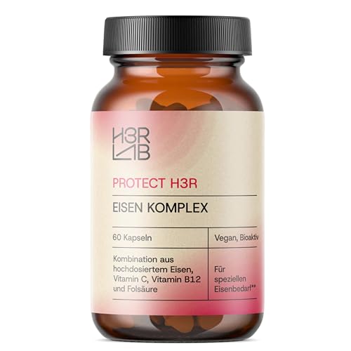 H3R LAB Eisen Komplex – Kapseln mit Vitamin C, Vitamin B12 & Folsäure | vegan, ohne Zusatzstoffe | hoch bioverfügbar · Eisen Supplement (60 Kapseln)