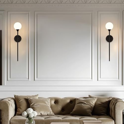 Image of Single Black Globe Glass Wall Sconce with Milk White Glass Shade