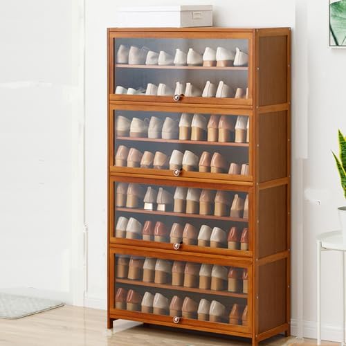 Tall Bamboo Shoe Storage Cabinet - 10 Tier Free Standing Shoe Rack with Clear Flip Doors, Holds 40 Pairs - Stylish Entryway Organizer, Brown, 31.5" L