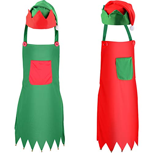 Sunshane 4 Pieces Christmas Elf Kits Include Elf Aprons and Elf Hats for Christmas Party Costume Supplies (Red and Green)
