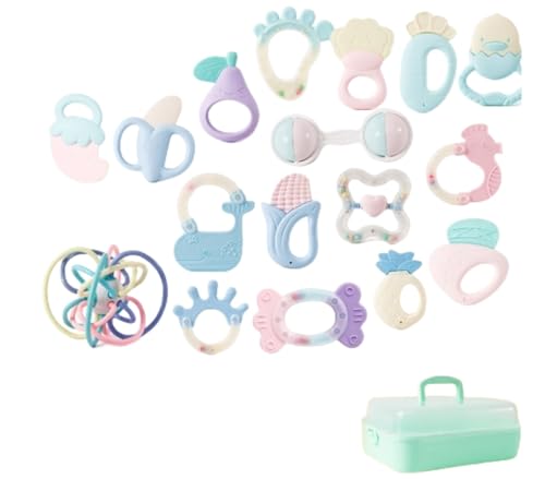 SIzlaho 新生児用ガラガラ、0〜6ヶ月の赤ちゃんの教育早期教育の把握トレーニング、歯固めの噛むおもちゃ、赤ちゃんのおもちゃ、握って噛む、しっかりした歯、幼児、落ち着かせる (ソフトラバーガラガラ16ピースセット+マンハッタンボール+ギフトボックス)