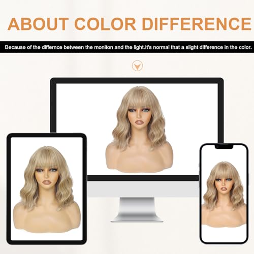 Image of AGO Mixed Blonde Bob Wavy Wigs with Bangs, Short Grey Blonde Bob Wig Loose Wave Synthetic Hair Heat Resistant Fiber Synthetic Wig for Daily Party Halloween Cosplay Use(Mixed Blonde)