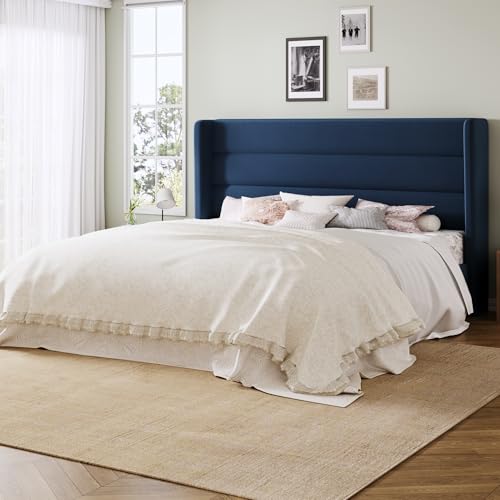 Image of Allewie Queen Size Platform Bed Frame with Velvet Upholstered Wingback Headboard, No Box Spring Needed, Under Bed Storage Space, Wooden Slats, Modern Mattress Foundation, Easy Assembly, Blue