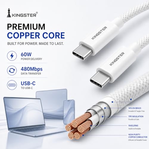 Image of KINGSTER 60W USB-C to USB-C Cable, 1 Metre Nylon Braided PD Fast Charging and 480Mbps Data Transfer Cable for iPhone 15 and Later, MacBook, iPad and Samsung Galaxy