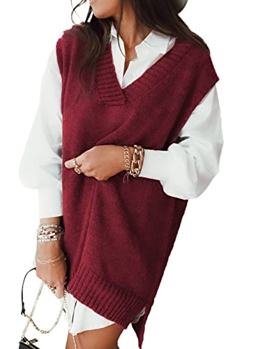 Image of EVALESS Oversized Sweater Vest for Women V Neck Sleeveless Solid Color Loose Pullover Sweater