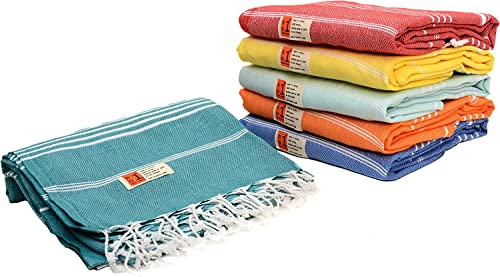 No1 Iconic Turkish Beach Towel - 6 Oversized Towel In A Set, 38X70 100% Cotton Prewashed Turkish Bath Towels, Ultra Soft, Quick Dry, Absorbant Peshtemal Best For Bath, Pool - Red, Green, Aqua, Orange #TOP3