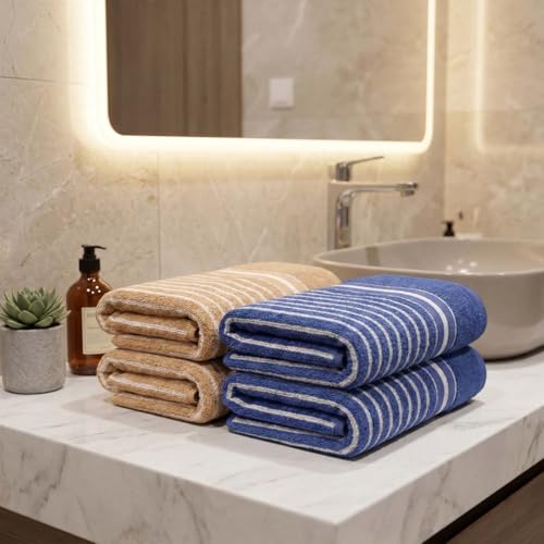 Image of Athom Living Premium Hand Towels- Cotton, 400 GSM, Ultra Soft, Quick Dry, Highly Absorbent | for Hand, Kitchen and Gym | 60 * 40 cm, Pack of 4 (Beige & Blue)