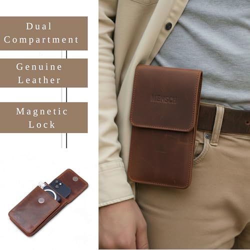 Image of MENSCH Genuine Leather Multifunctional Phone Mobile Pouch Waist Bag with Belt Loop for Accessories, Apple iPhones, Smartphones, Androids Upto 6.7 inch for Daily Use, Travelling for Men & Women (L.Brown)