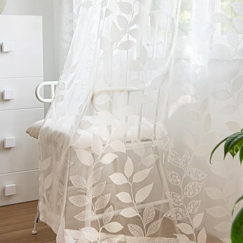 Image of Treatmentex Lace White Sheer Curtains for Living Room 84inch Vintage Botanical Floral Leaf Semi Sheer Window Curtain Panel for Bedroom 54 inch W 2pcs Rod Pocket 7ft Floor Length
