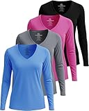Real Essentials 4 Pack: Women's Long Sleeve Dry Fit V-Neck Athletic T-Shirt Workout Tops Active Gym Shirt (Plus Set 9,XL