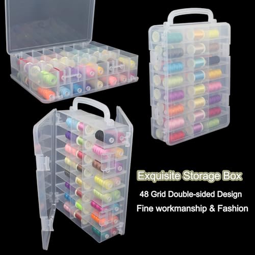 Image of 48 Grids Sewing Storage Box Double-Sided Storage Organizer Portable Thread Box Storage Clear Plastic Organizer Box for Embroidery and Sewing Threads, Beads, Small Crafts