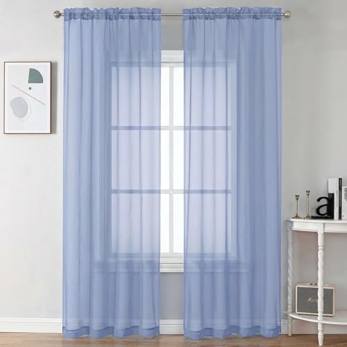 Image of Chyhomenyc Sheer Curtains 90 inches Long 2 Panels - Light Filtering Soft Airy Solid Elegant Voile Window Treatment Drapes for Bedroom Living Room, 42Wx90L Inches, Denim Blue