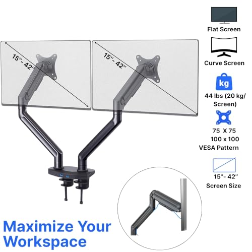 Image of UNIQ MOUNTS Heavy Duty 15-42 Inch Screen Gas Spring Dual Monitor Arm, Desk Mount, 15kg Load Per Arm, Swivel, Rotation, Tilt, VESA 75x75 100x100, Full Motion Adjustable Mount, 2 USB Ports