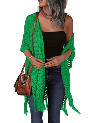 Image of HOTOUCH Womens Knit Cardigan Open Front Outwear Hollow Out Crochet Tassel Lightweight Kimonos Sweater S-XXL