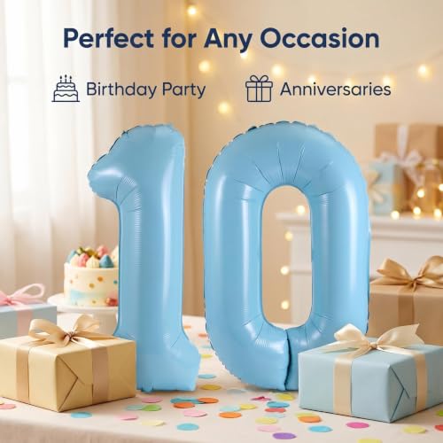 Image of Number 10 Balloon Foil Mylar Balloons for Birthday Party Decoration (Sky Blue, 40 Inch)