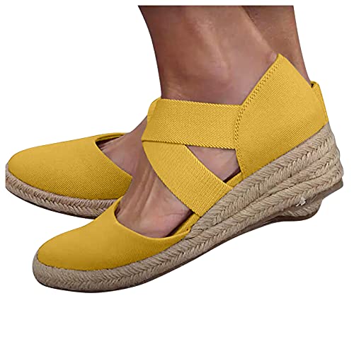 Aniywn Womens Espadrille Platform Wedge Sandals Closed Toe Mid Heel Elastic Band Ankle Strap Sandals Low Wedge Sandals Yellow