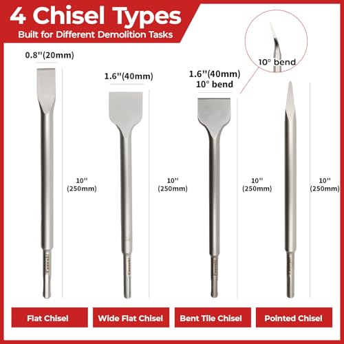 Image of SDS Plus Masonry Chisel Set - 4-Piece Heavy-Duty Chisel Bits for Hammer Drill - Includes Flat, Pointed & Tile Chisel - Concrete, Tile Removal Tool