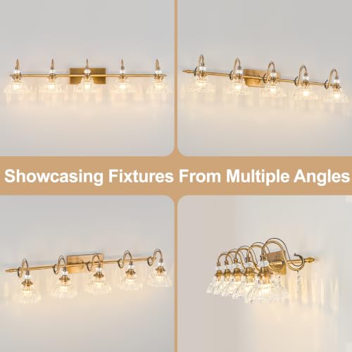 Image of Vintage Bathroom Vanity Light, 5-Light Matte Antique Brass Finish Wall Sconce with Hanging Crystal Accents and Flower-Shaped Clear Glass Shades, Retro Wall Mount Vanity Light Over Mirror for Bathroom