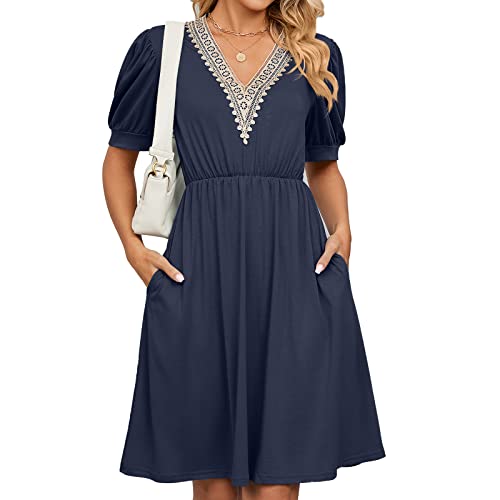 Vestidos Verano Mujer Mangas Cortas Elegante Vestido Casual Playa Vestidos Boho Chic Cuello en V con Ribete de Encaje Fiesta Summer Dress