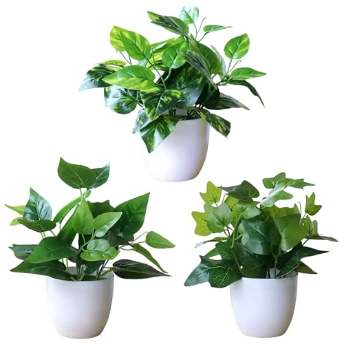 Zhejia フェイクグリーン ミニ 3個【光触媒・消臭・抗菌効果】人工観葉植物 観葉樹 造花 まあるい 空気清浄 おしゃれな 卓上飾り 屋内 オフィス ギフトにも最適 高さ20~25cm (緑のサツマイモ、ポトス、万年青)