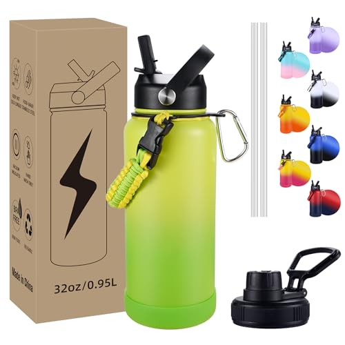 Image of Insulated Water Bottle, 32 oz Stainless Steel Wide Mouth Water Bottles with 2 Leak Proof Lid and Paracord Handle, Double Wall Vacuum Insulated Sports Water Bottle, Gradient Green