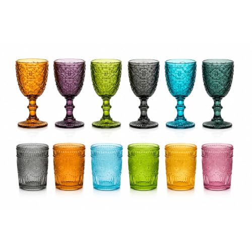 cecaro group Set 12 Pezzi Bicchieri e Calici in Pasta di Vetro Colorato – 6 Calici da 350 ml + 6 Bicchieri Acqua da 300 ml – Linea Mosaico