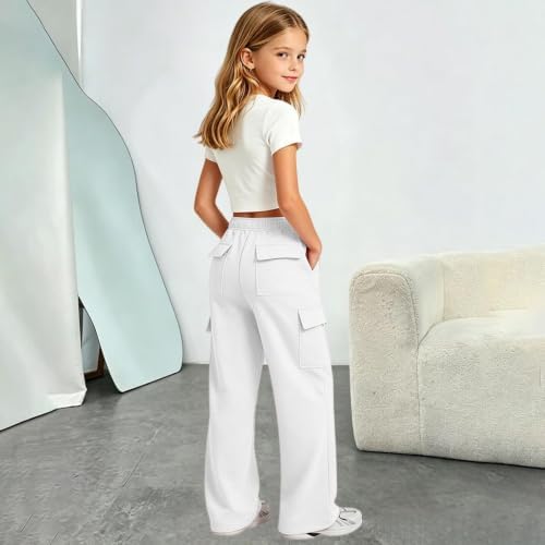 NUOLALDH Teen Girls Clothes,Girls Pants Cargo Sweatpants Preppy Kids Wide Leg Baggy Teen Joggers Casual Trousers with Pockets Size 14-16 01 White 150 — view 6