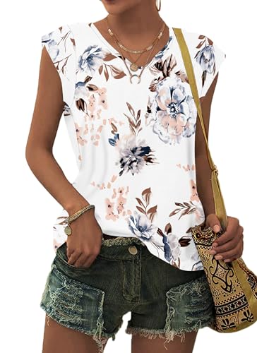 PLMOKEN T-Shirt Sommer Tank Top Damen - Ärmelloses Blusenshirt V Ausschnitt Blusen Shirts Oberteile Offset Bedrucktes Top