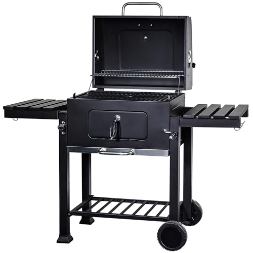 George Foreman XL Charcoal BBQ in Black Outdoor Smoker Barbecue Portable BBQ with Lid Cover Adjustable Grill and Built-in Temperature Gauge for Home Garden Party Cooking fits 20 x Burgers GFCSBBQXL